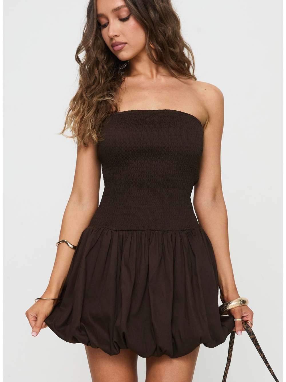 Princess Polly Strapless Smocked Bubble-Hem Mini Dress — Dark Brown